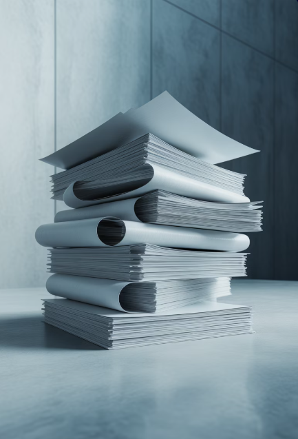 Stack of business planning documents and reports